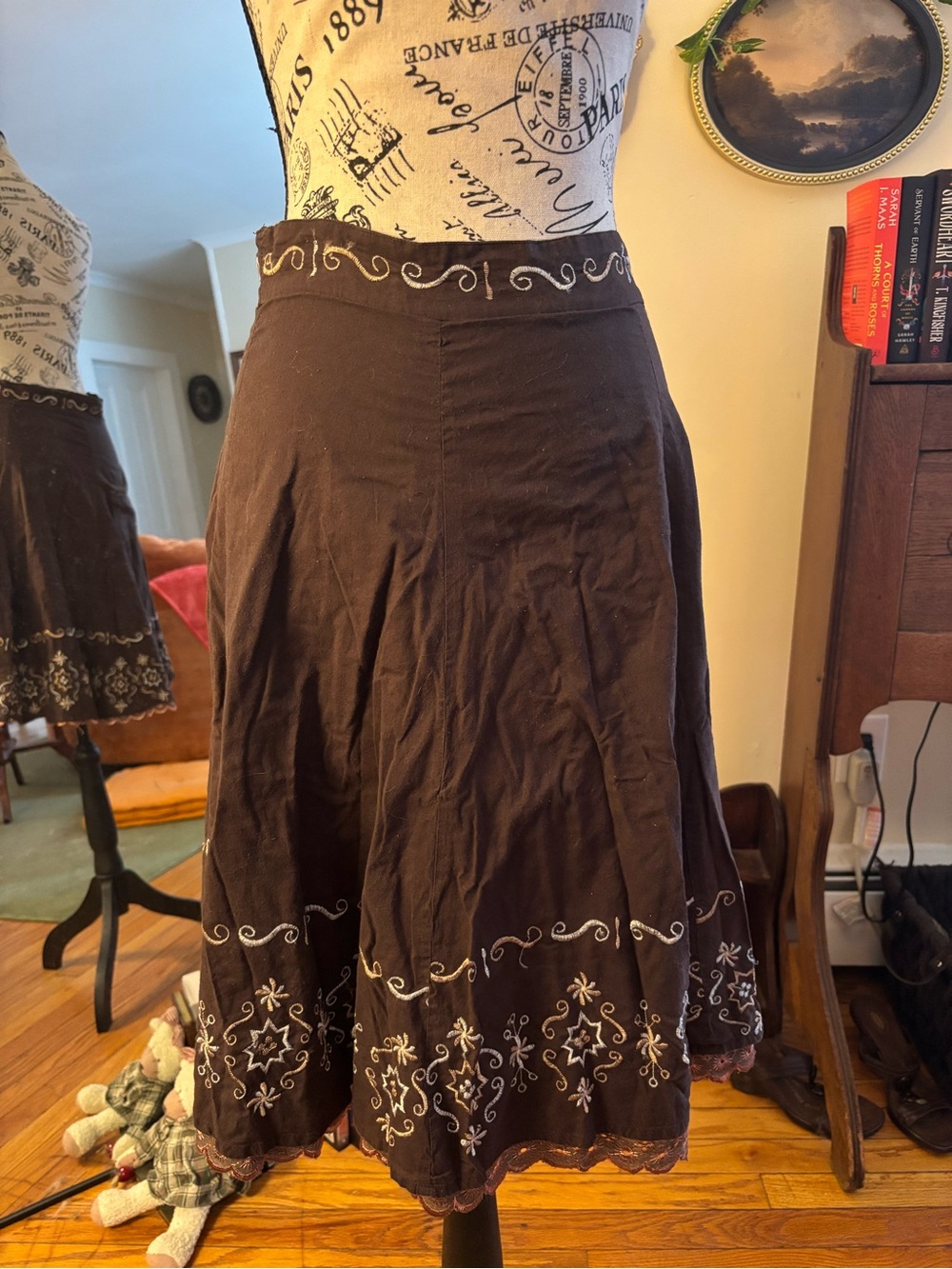 Tattoo Brown Embroidered A-Line Midi Skirt